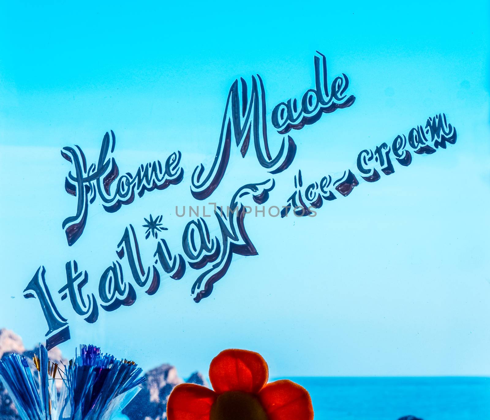 Vintage Retro Home Made Ice Cream Sign On Cafe Window By The Sea In Italy