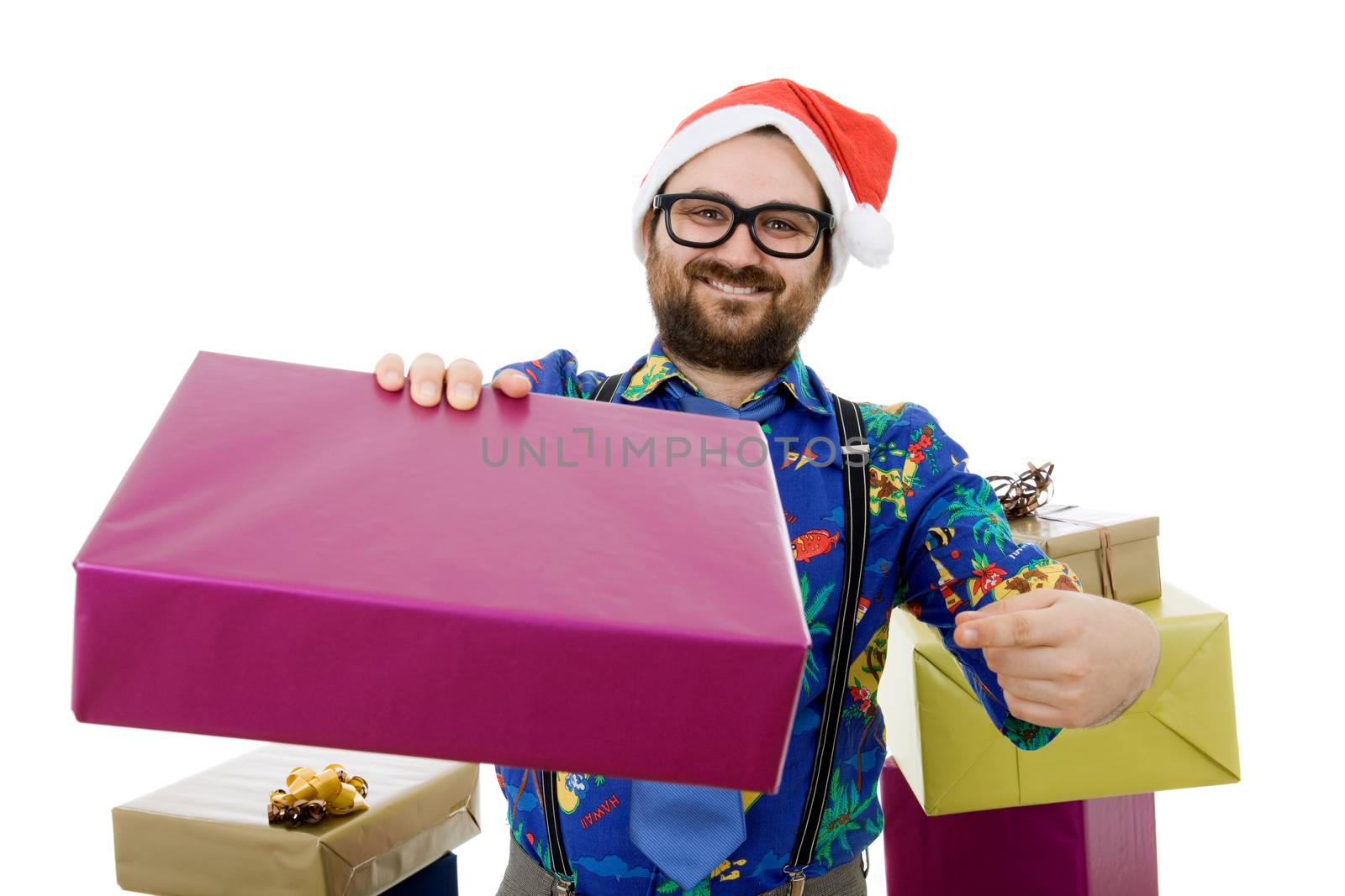 happy silly salesman with some boxes, isolated on white