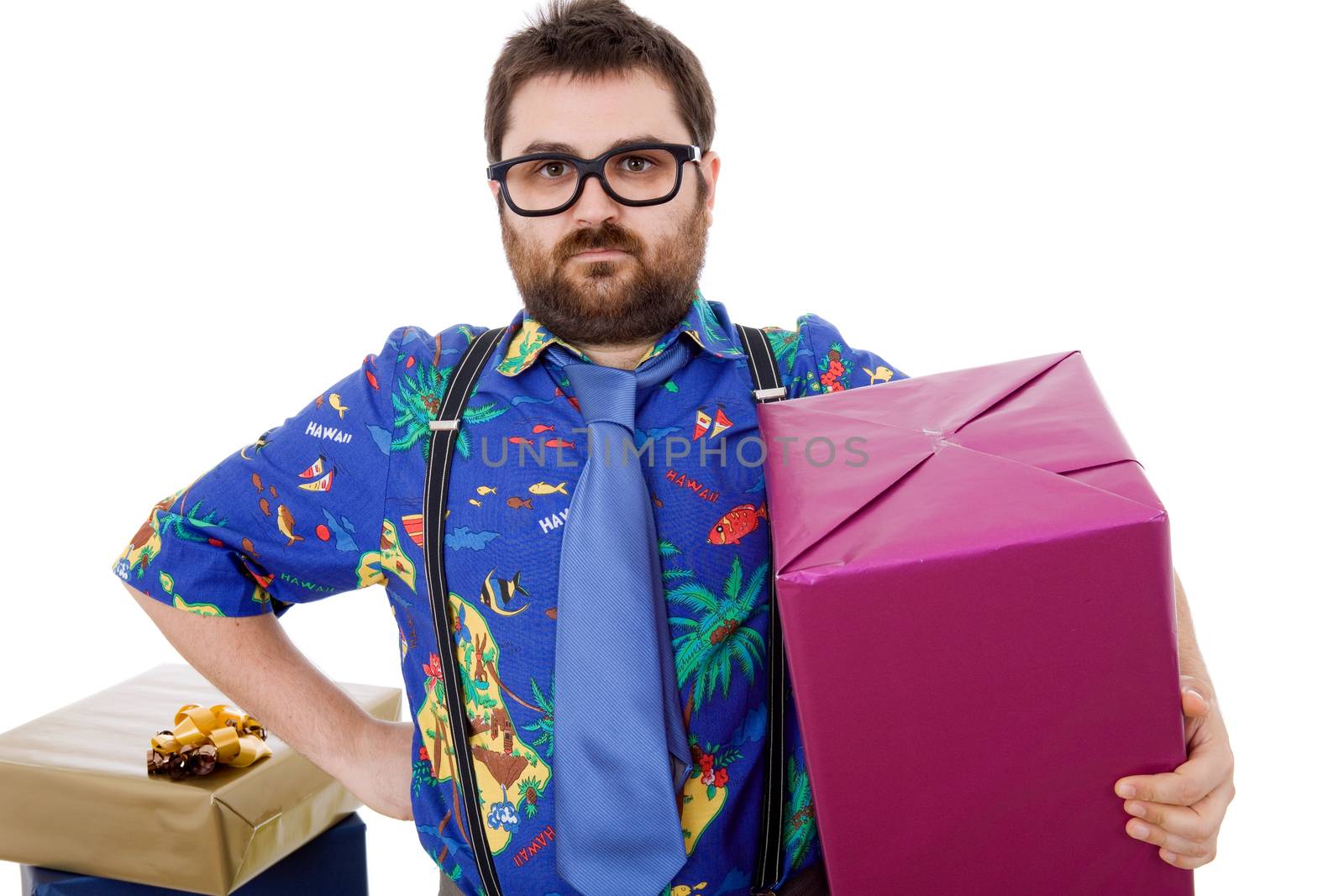 happy silly salesman with some boxes, isolated on white