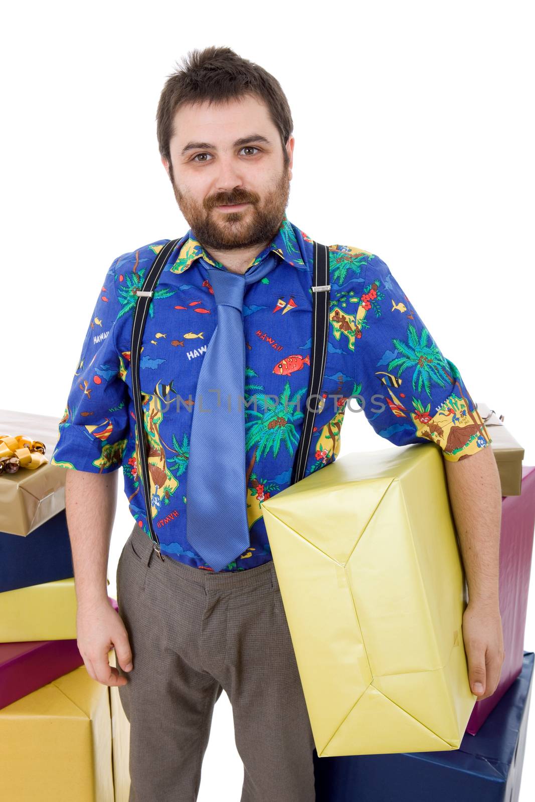 happy silly salesman with some boxes, isolated on white