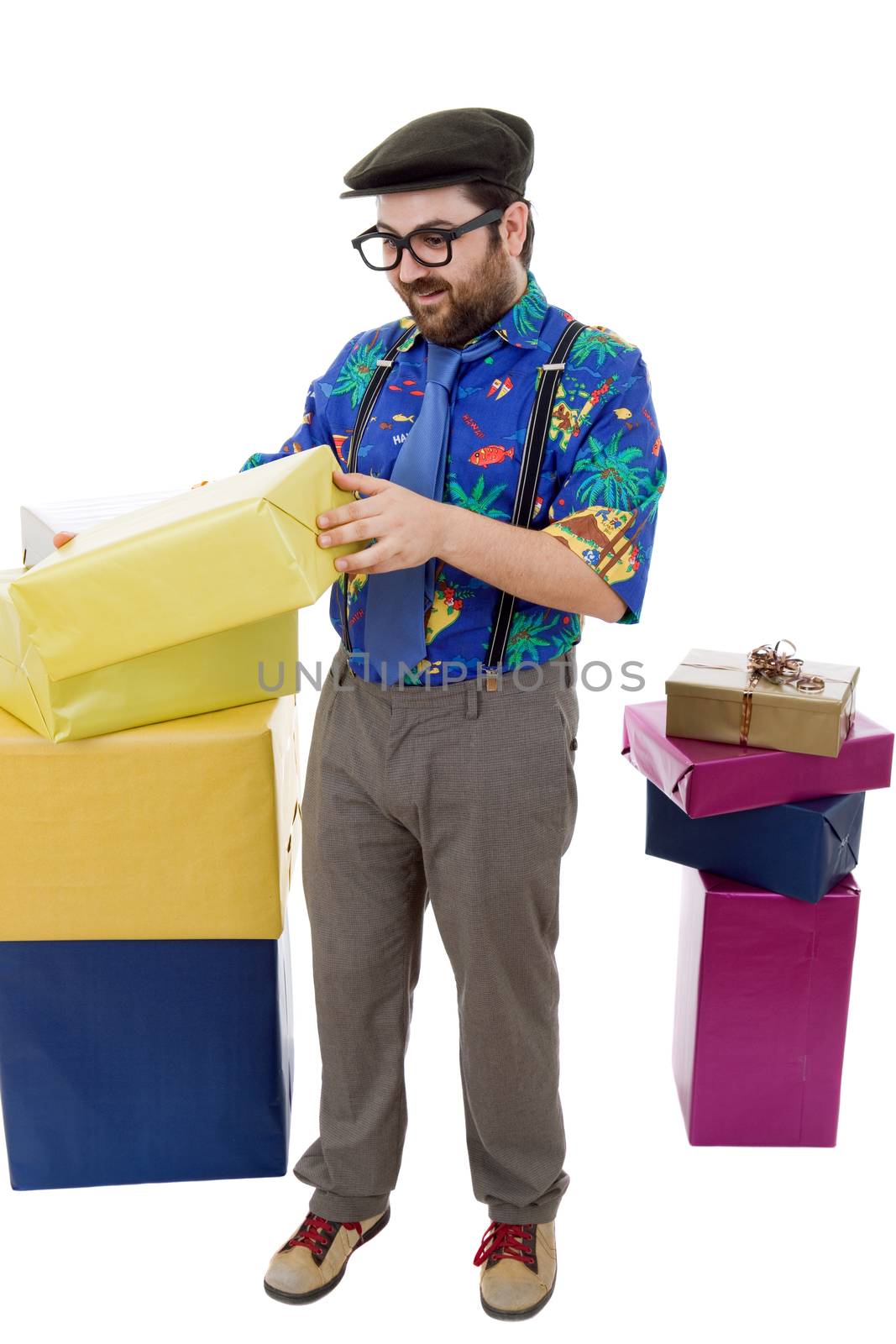 happy silly salesman with some boxes, isolated on white