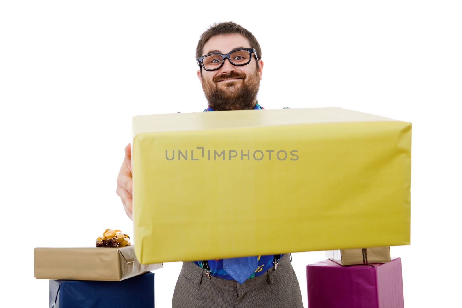 happy silly salesman with some boxes, isolated on white