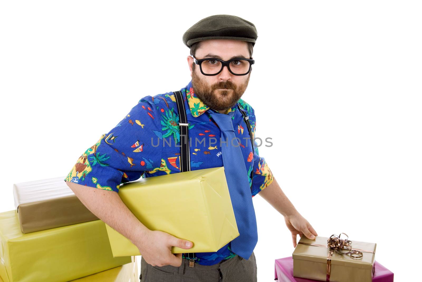 happy silly salesman with some boxes, isolated on white