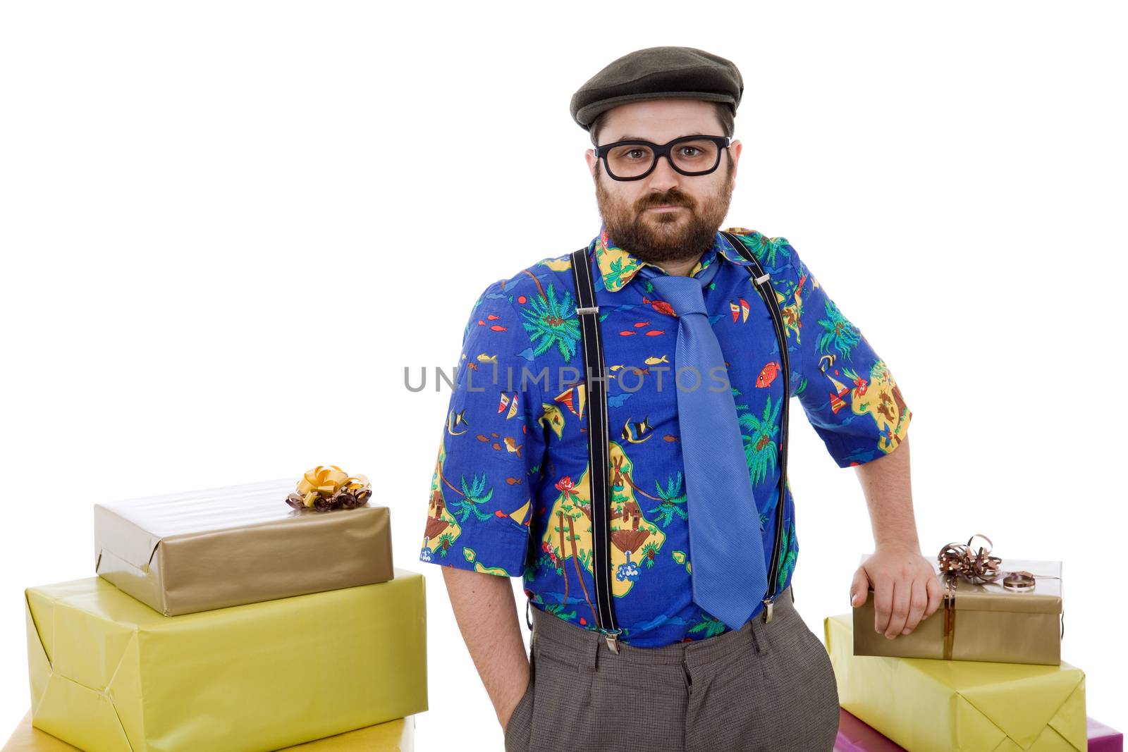 happy silly salesman with some boxes, isolated on white