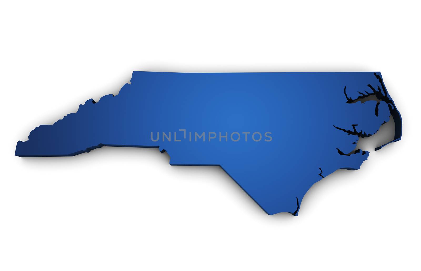 Shape 3d of North Carolina State map colored in blue and isolated on white background.