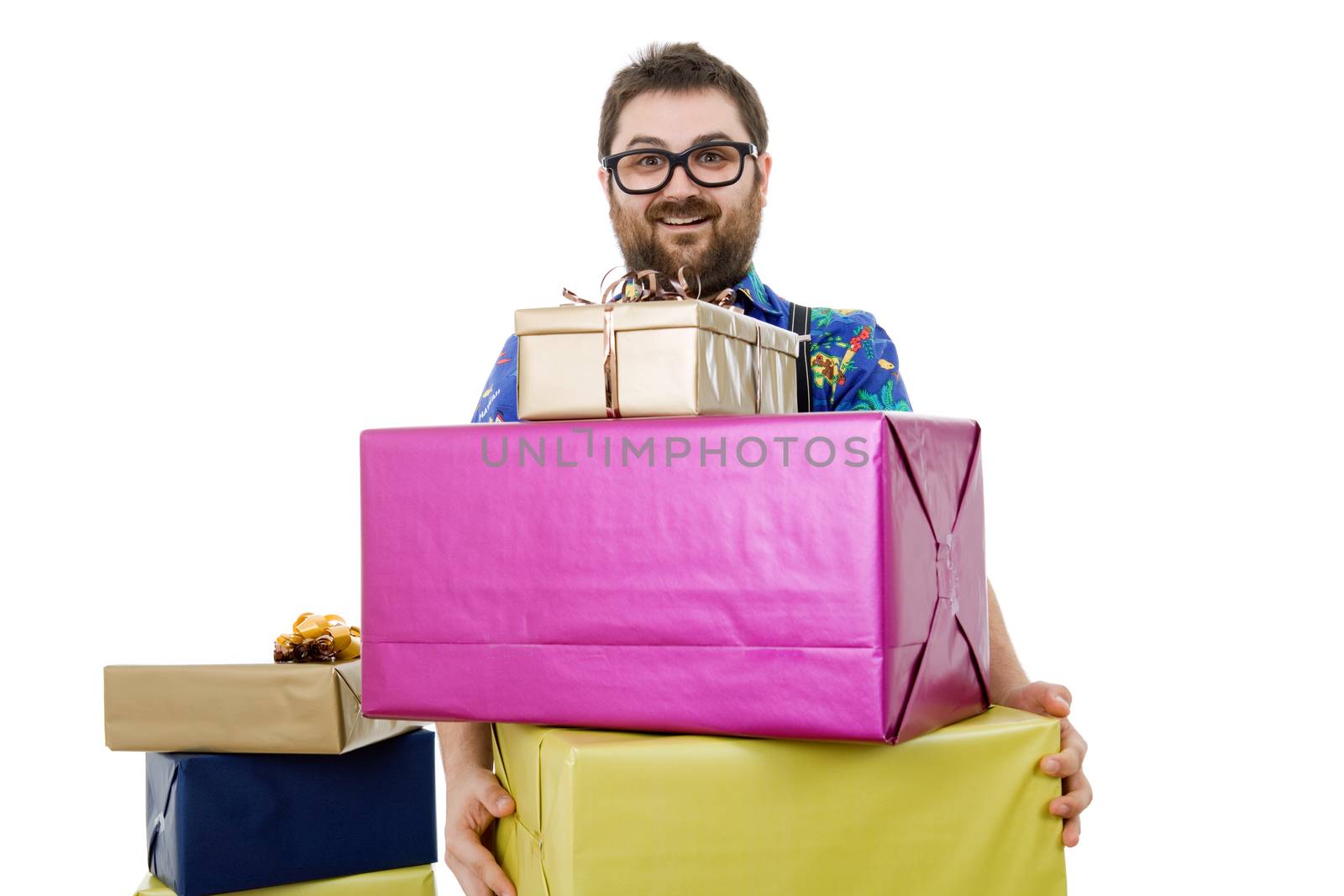 happy silly salesman with some boxes, isolated on white