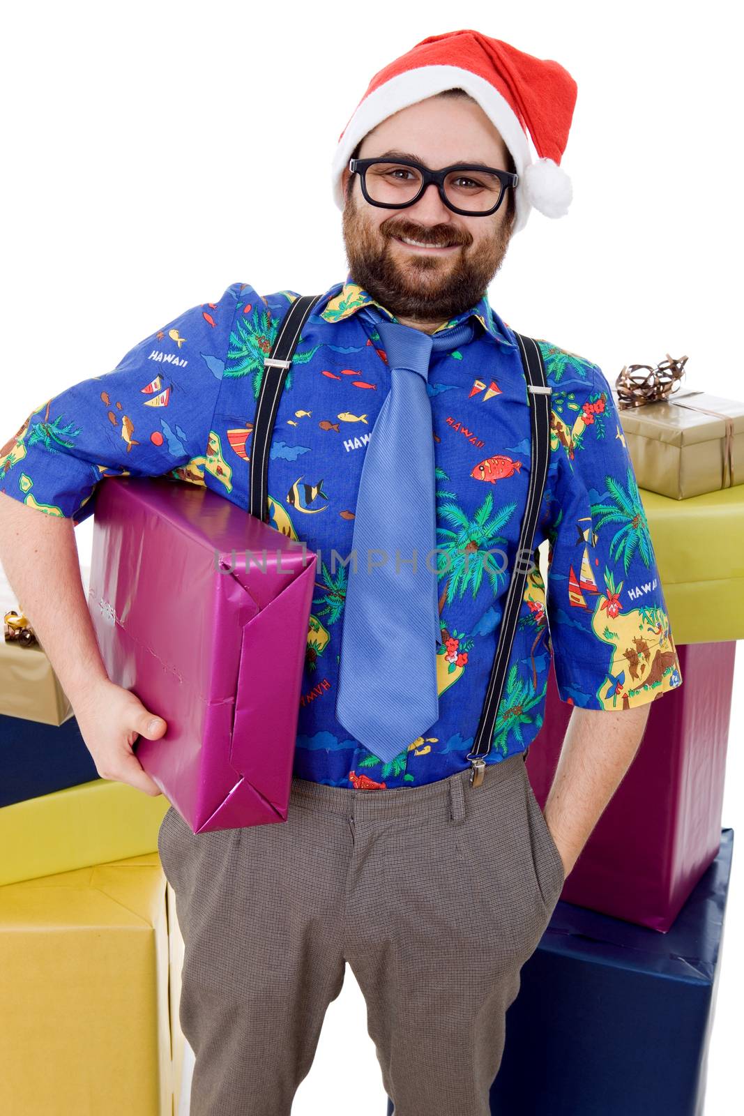 happy silly salesman with some boxes, isolated on white