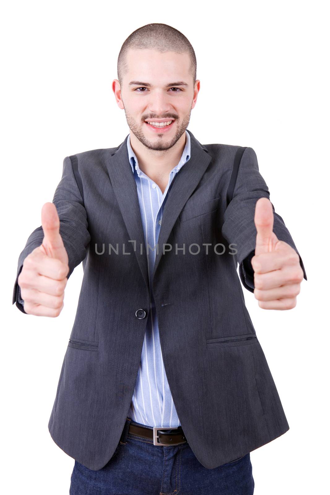 young casual man going thumb up, isolated on white