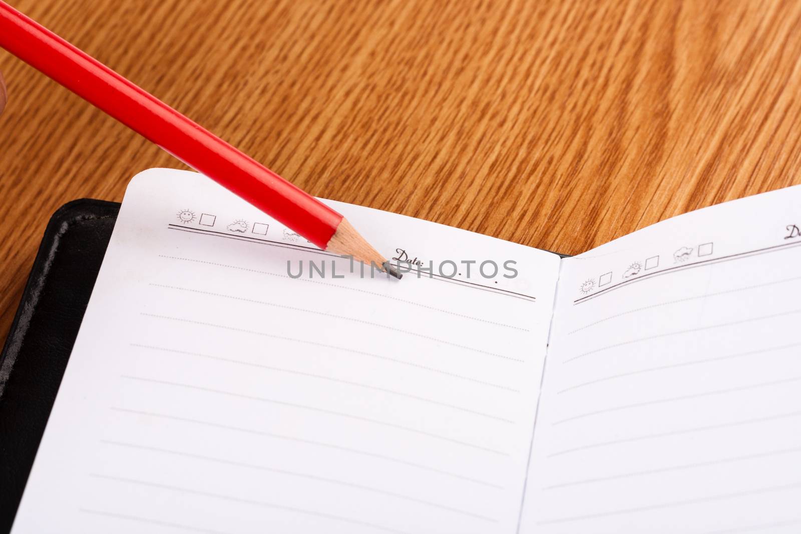 Simple opened business agenda with red pencil