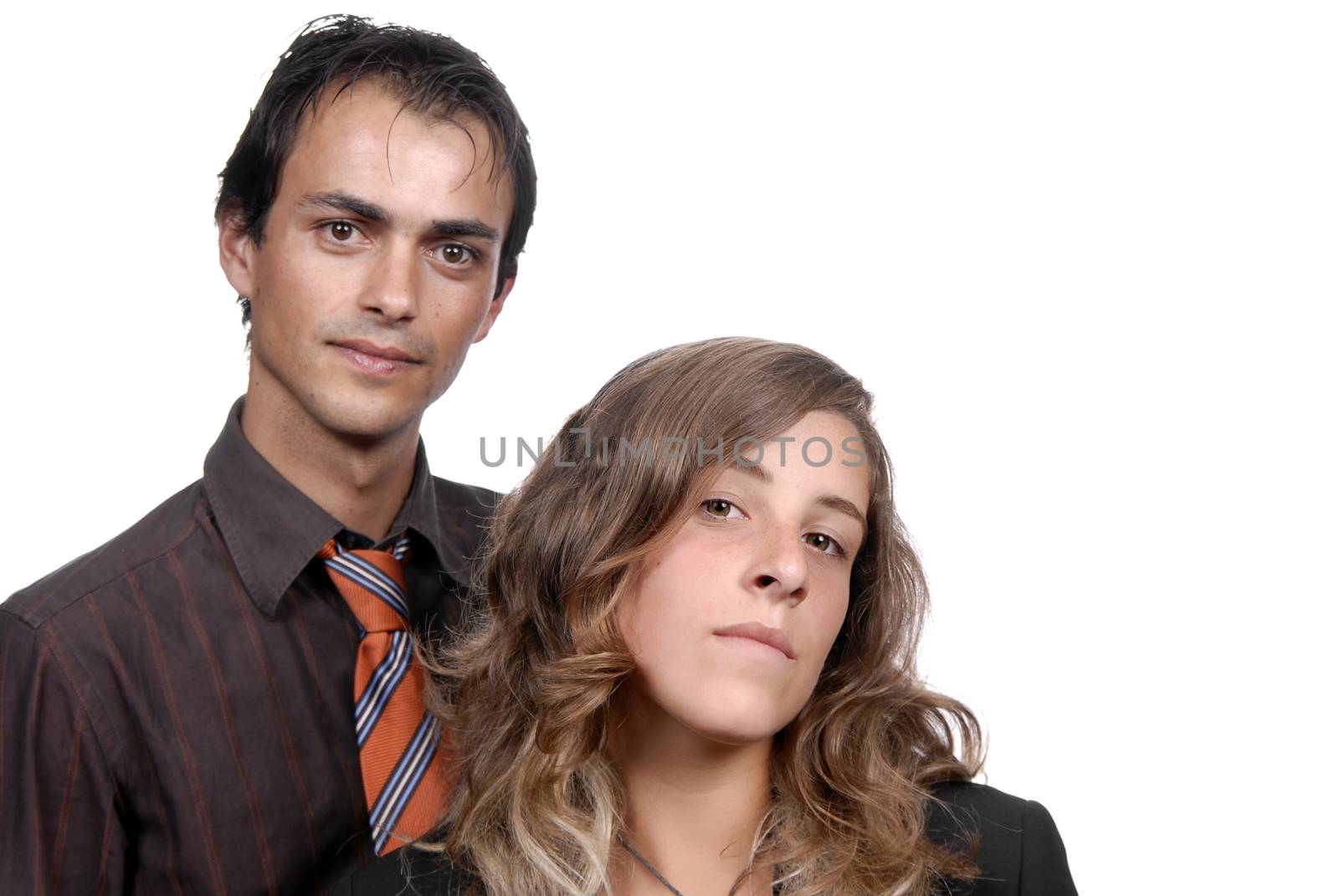 young couple together portrait isolated on white, focus on the woman