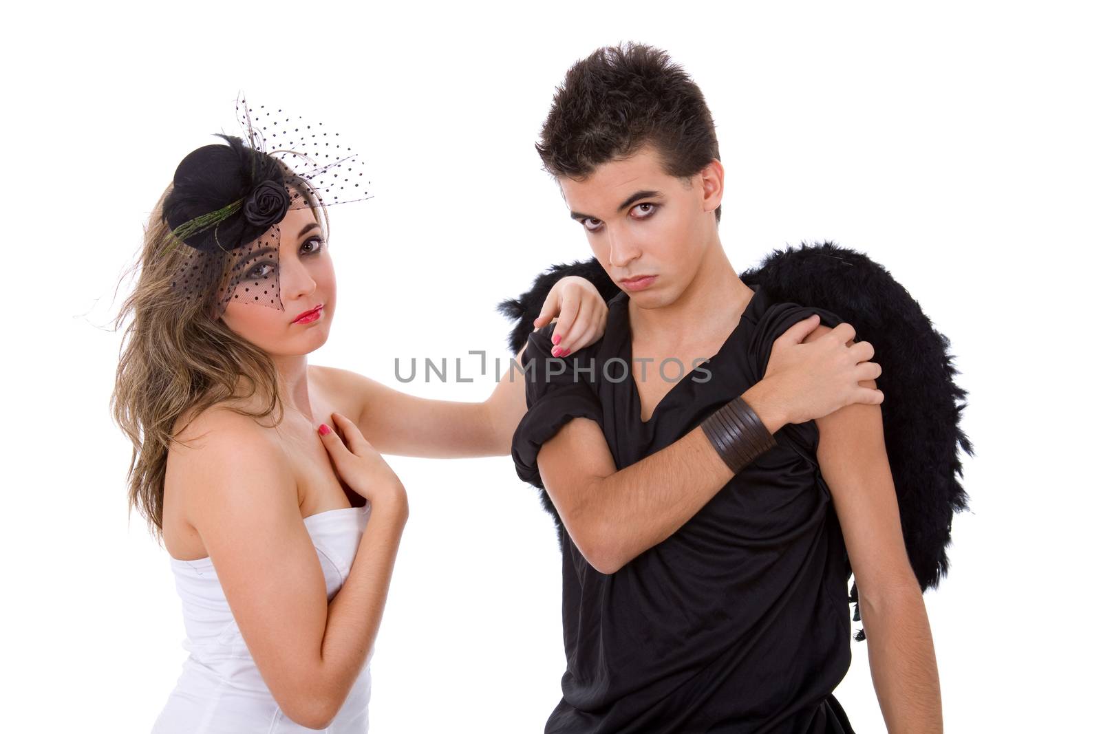 teen couple playing as actors on white background