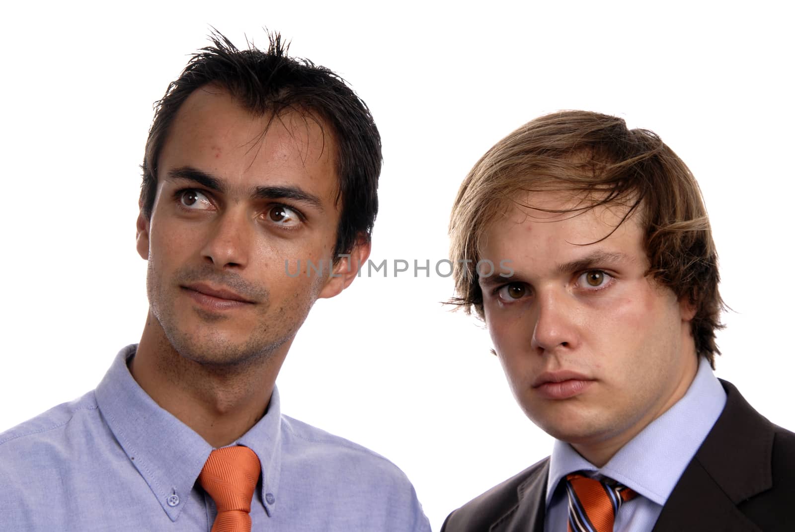 two young business men portrait on white.