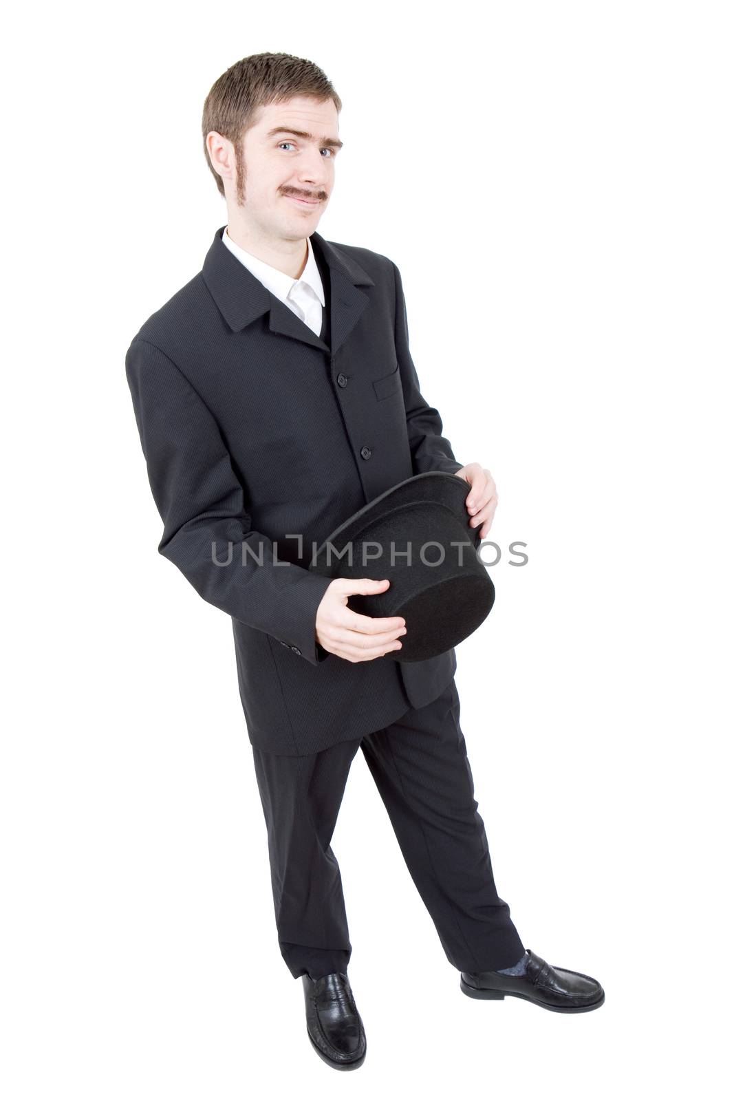 young man dressed as vintage groom, full length