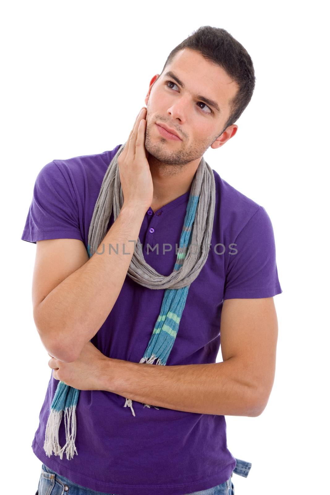 young casual man thinking, isolated on white