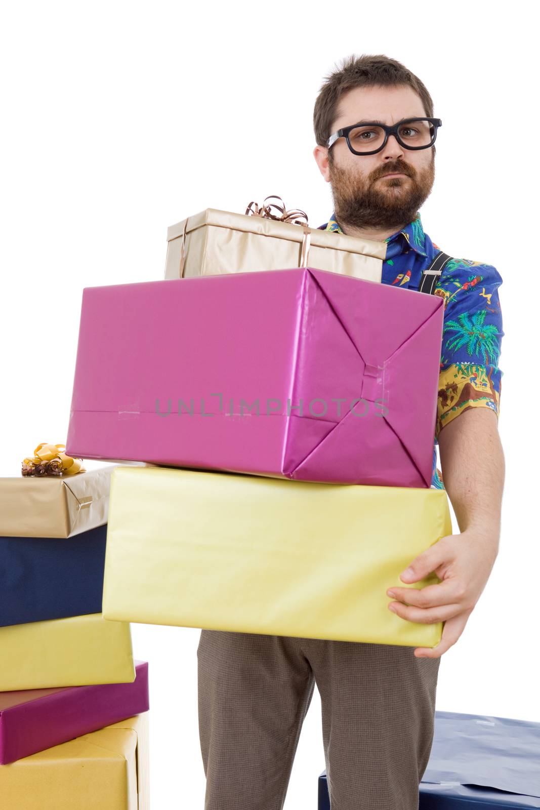 happy silly salesman with some boxes, isolated on white