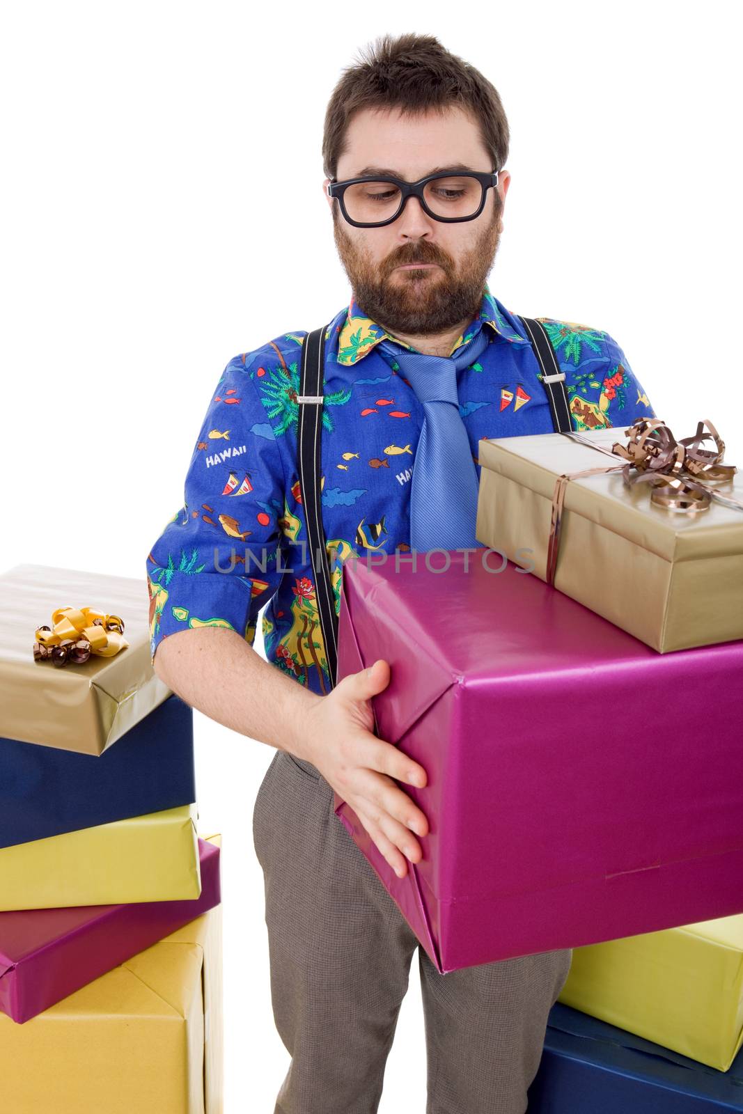 happy silly salesman with some boxes, isolated on white