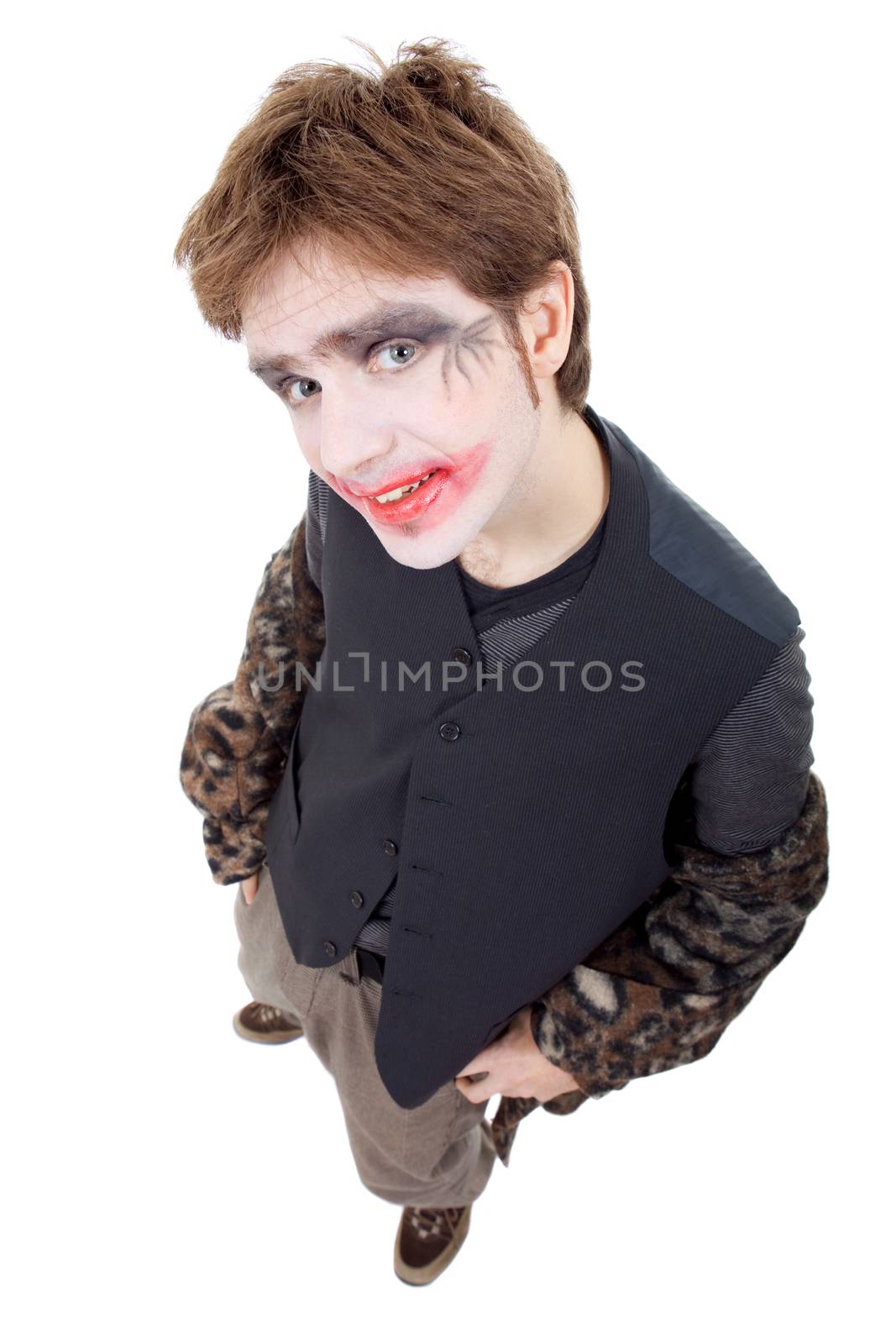 young man dressed as joker, isolated on white