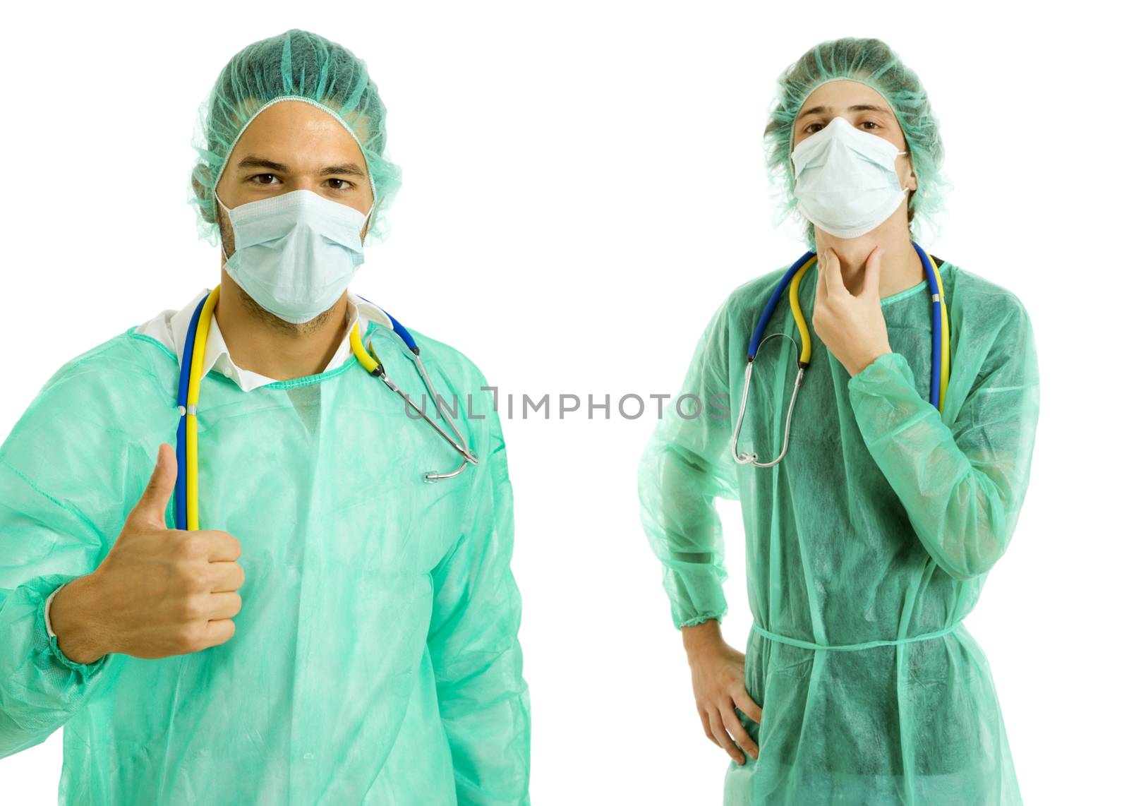 two young male doctors, isolated on white