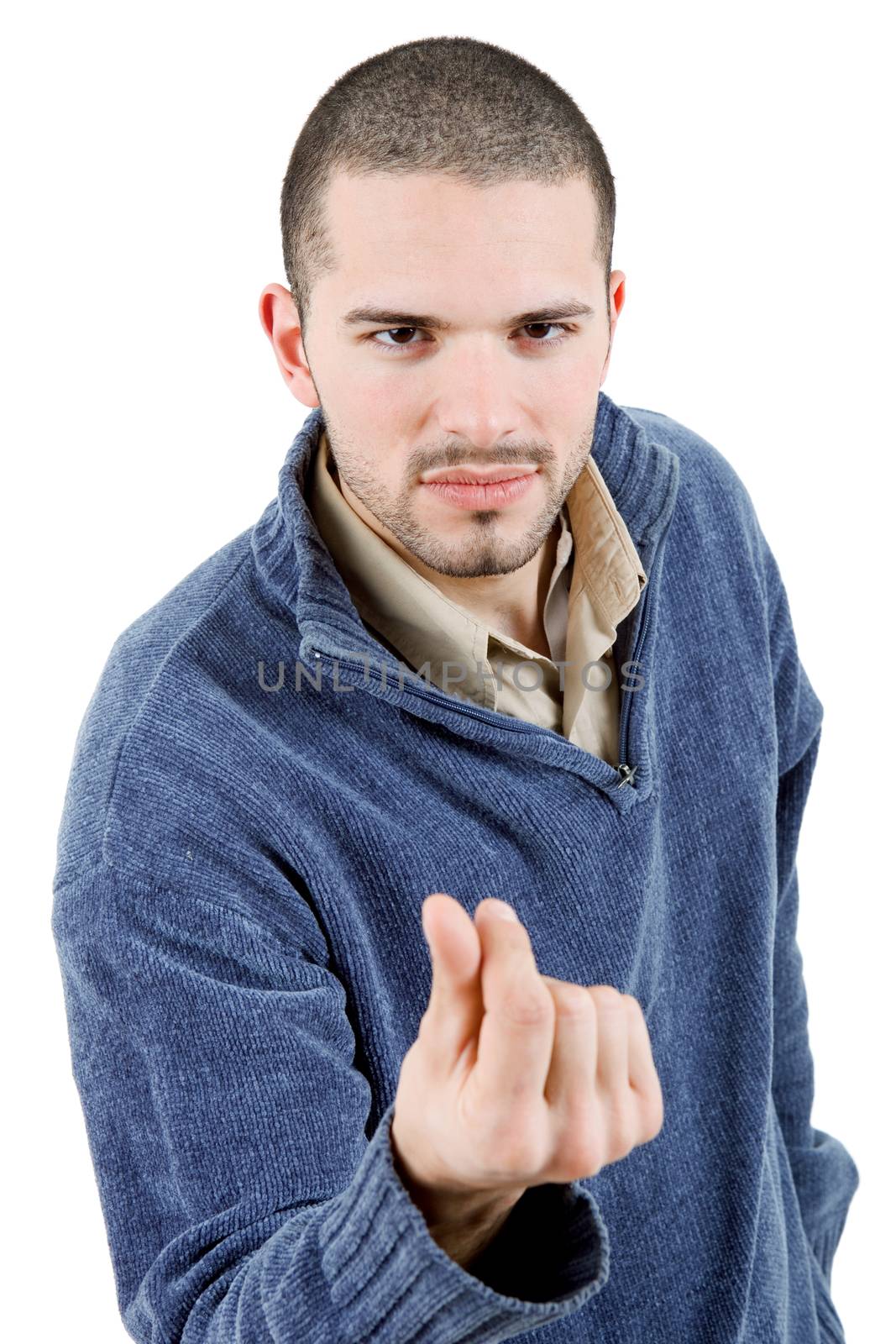 pensive young casual man portrait, isolated on white