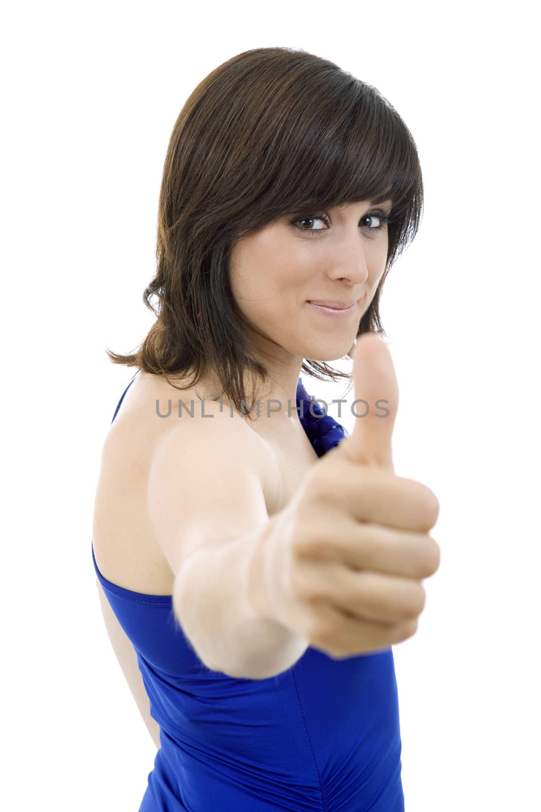 young happy beautiful woman going thumb up