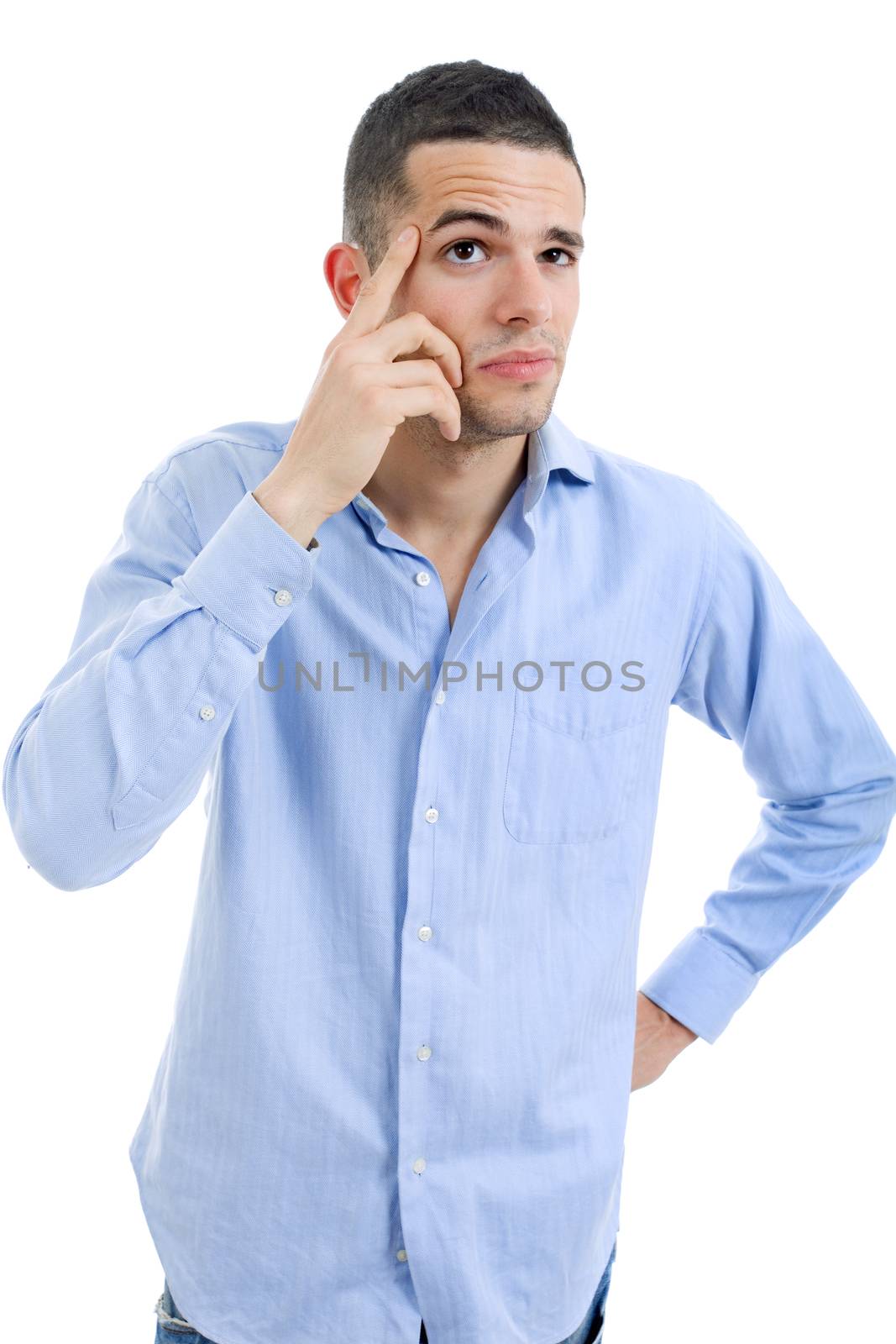 pensive young casual man portrait, isolated on white