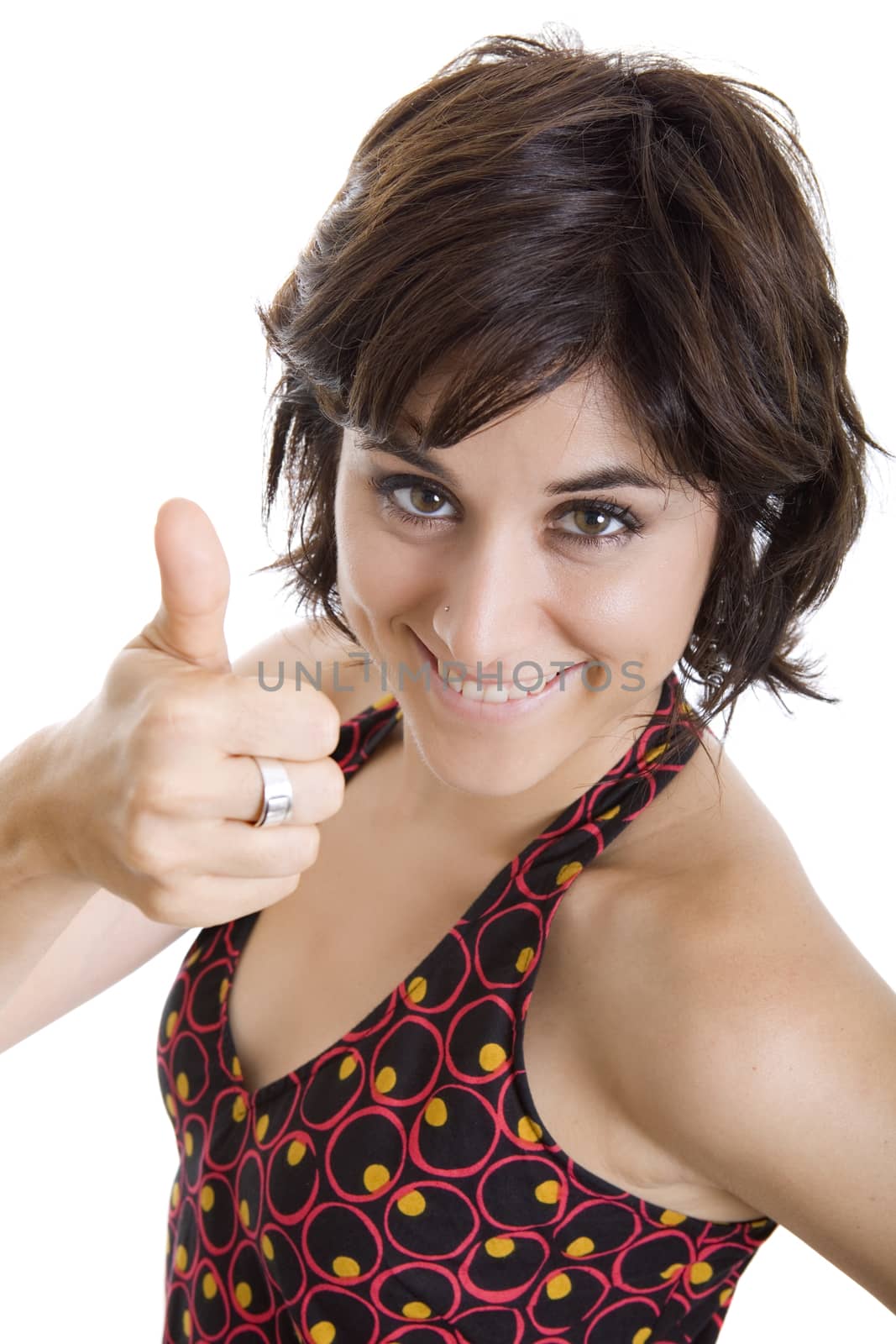 young happy beautiful woman going thumb up