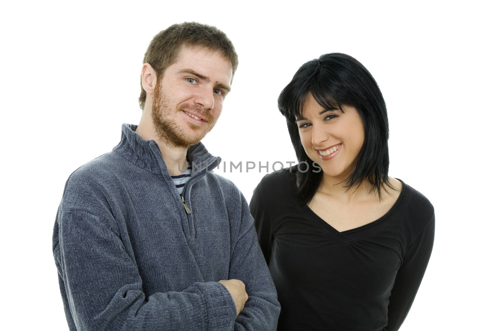 young casual couple together, isolated on white background