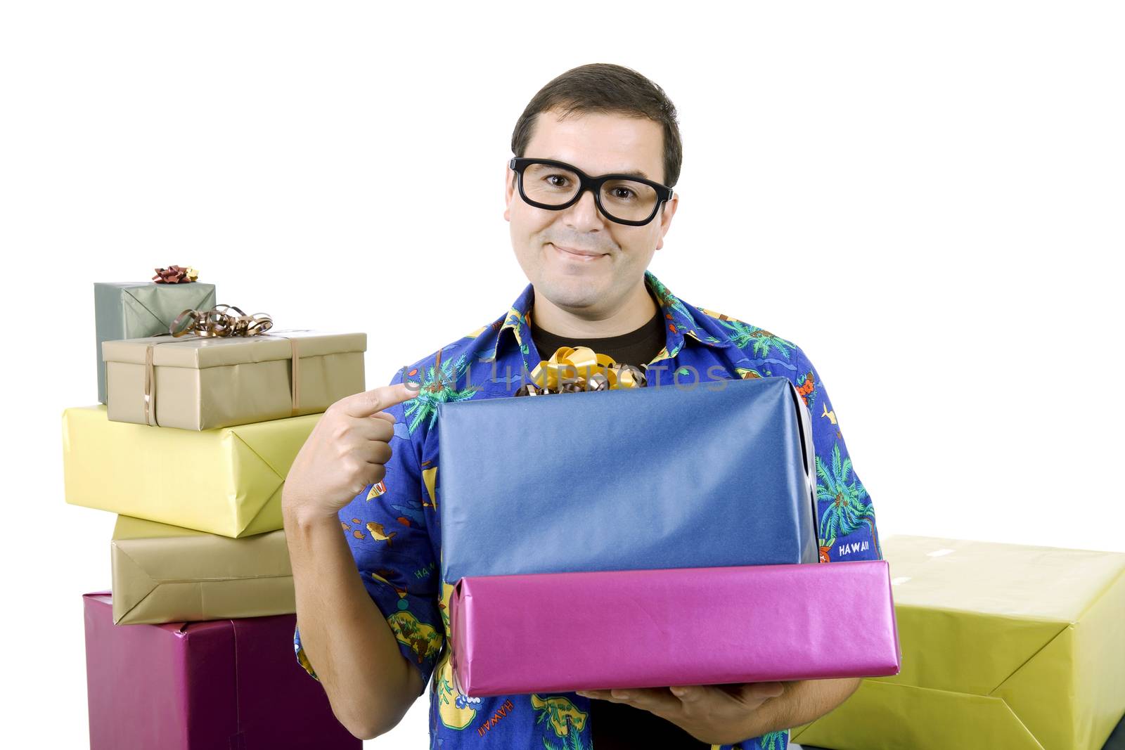 happy silly salesman with some boxes, isolated on white