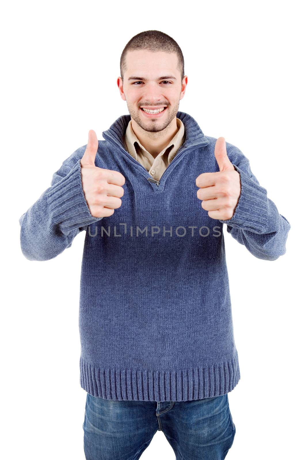 young casual man going thumb up, isolated on white