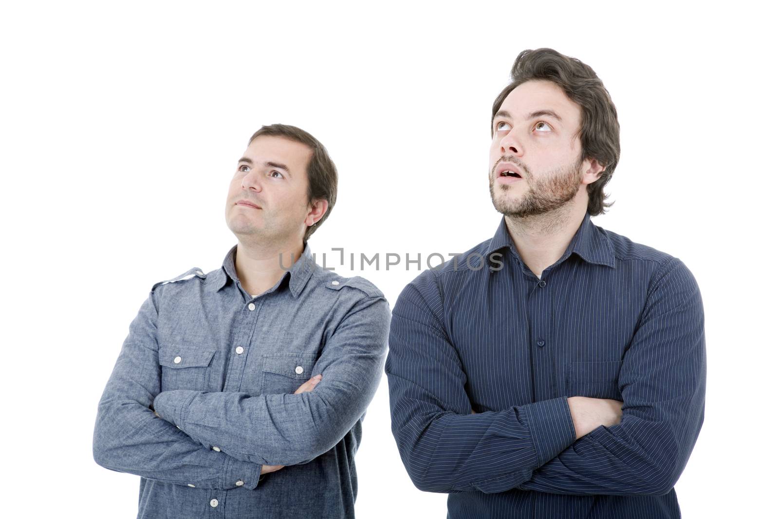 two young casual men portrait, isolated on white