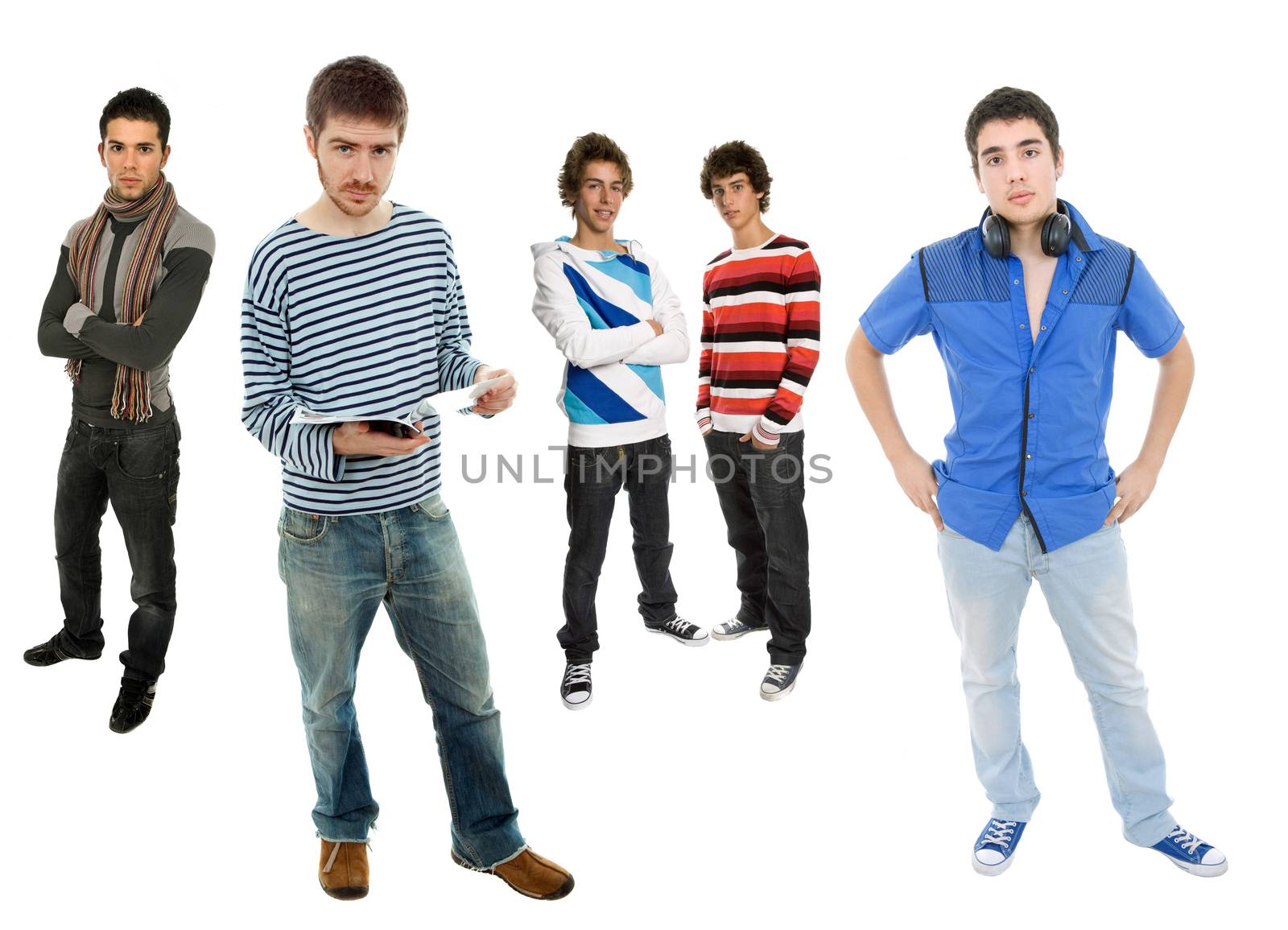 group of young men full body, isolated