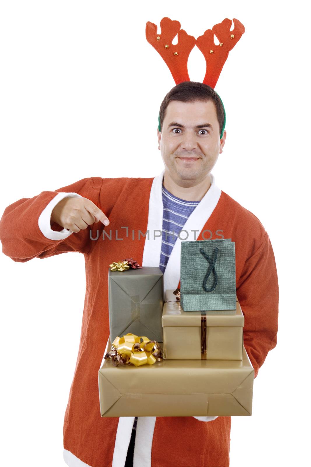 young man with santa hat holding some gifts, isolated