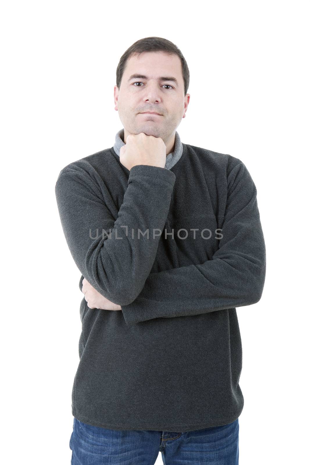 pensive young casual man portrait, isolated on white