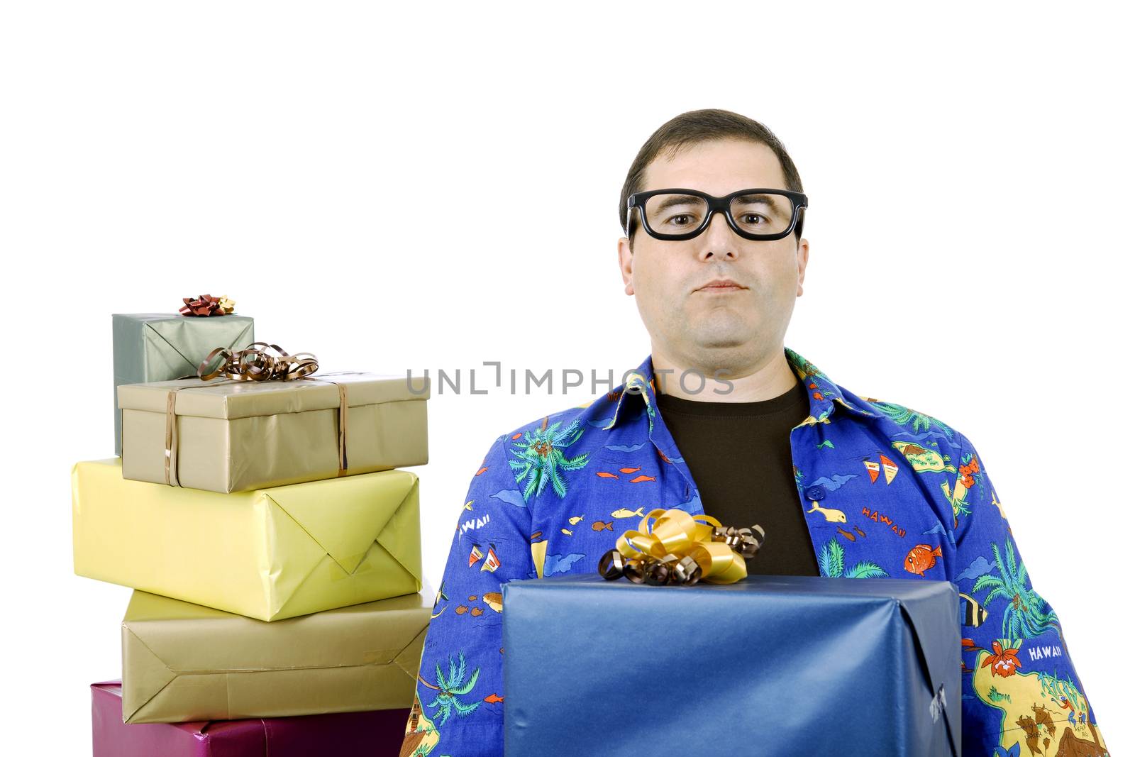 happy silly salesman with some boxes, isolated on white