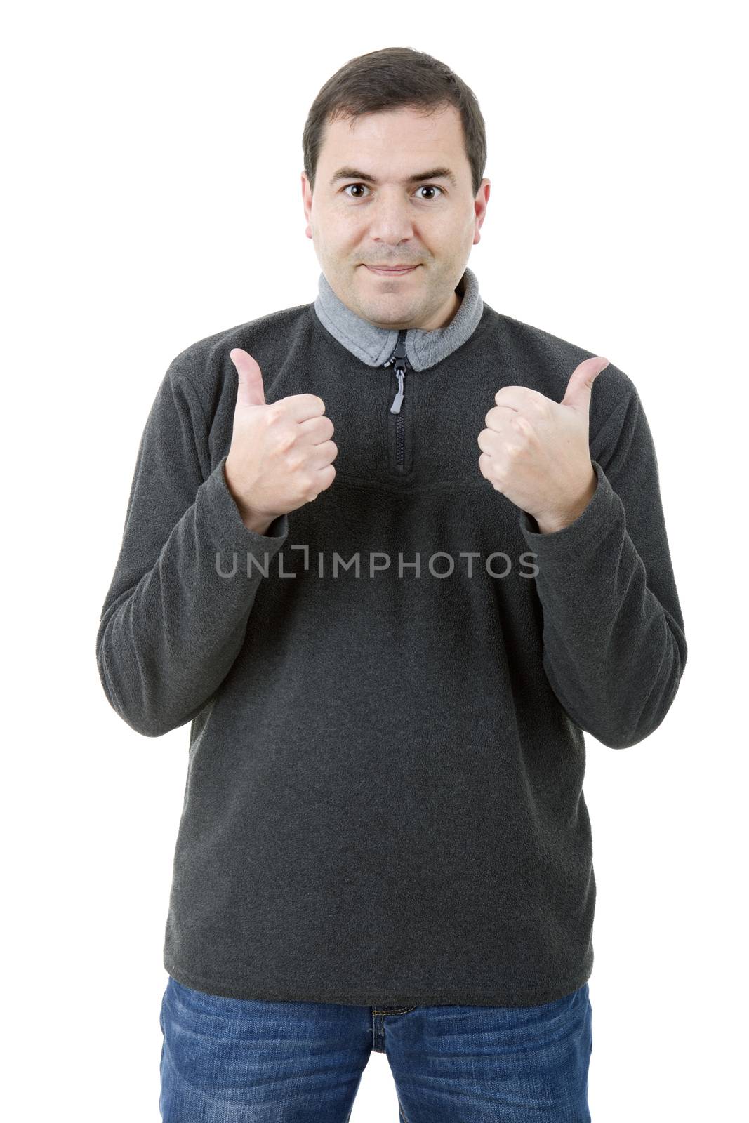 young casual man going thumb up, isolated on white