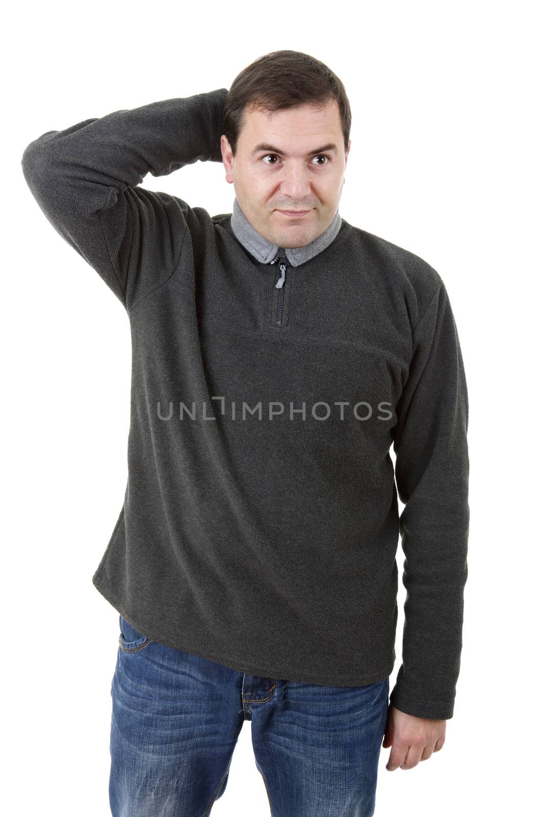 pensive young casual man portrait, isolated on white