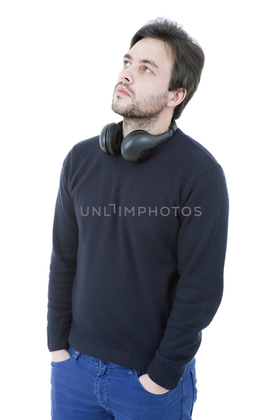 pensive young casual man portrait, isolated on white