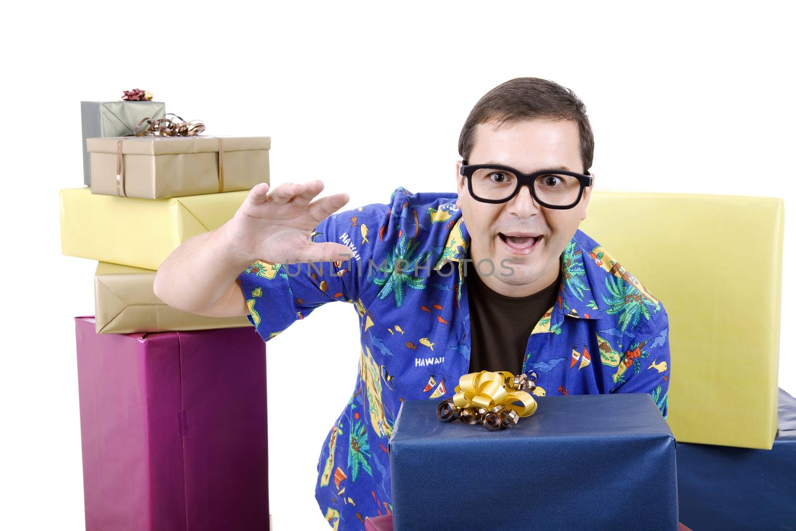 happy silly salesman with some boxes, isolated on white