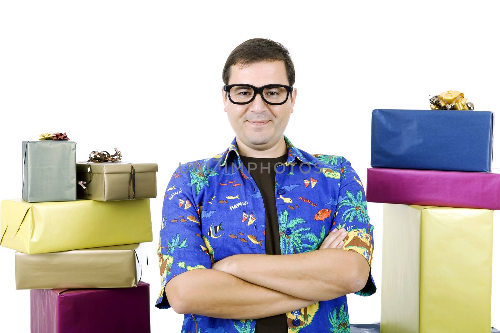 happy silly salesman with some boxes, isolated on white