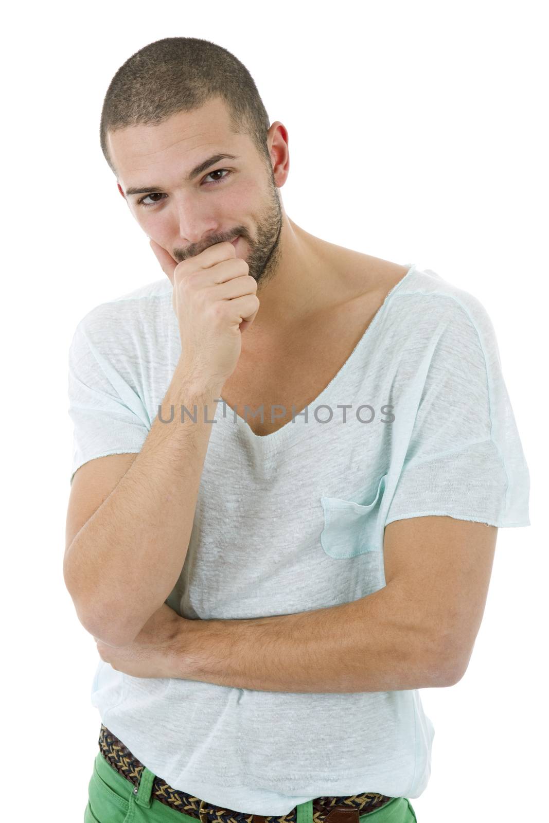 pensive young casual man portrait, isolated on white