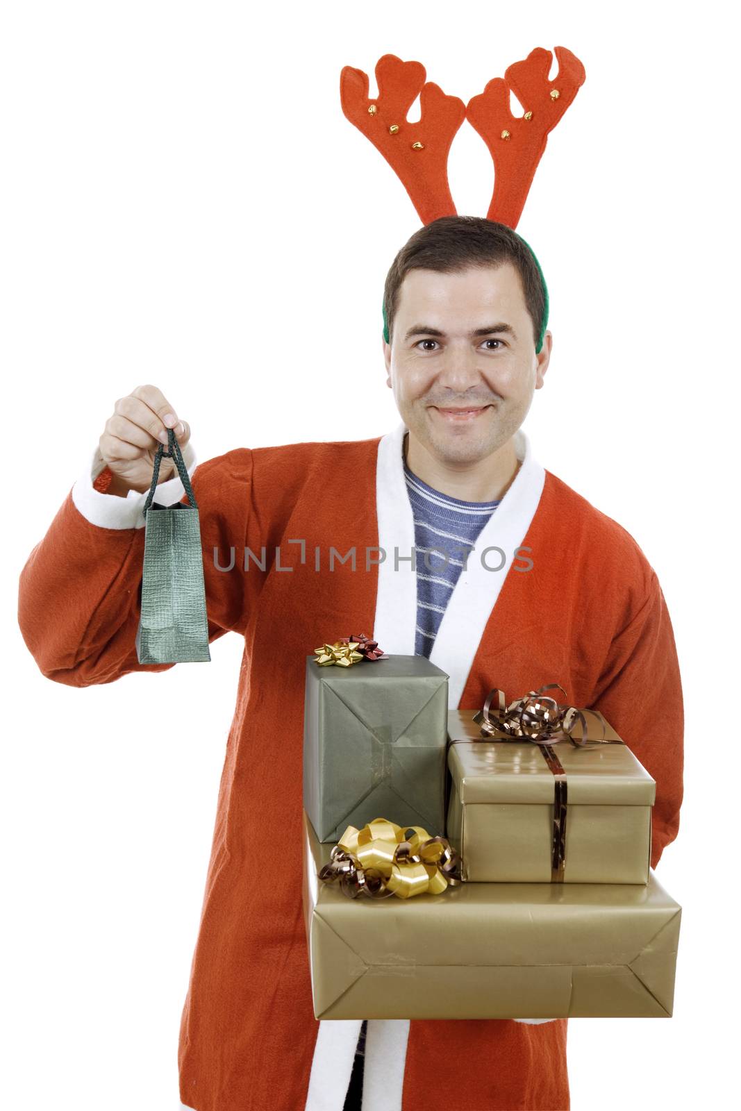 young man santa holding some gifts, isolated