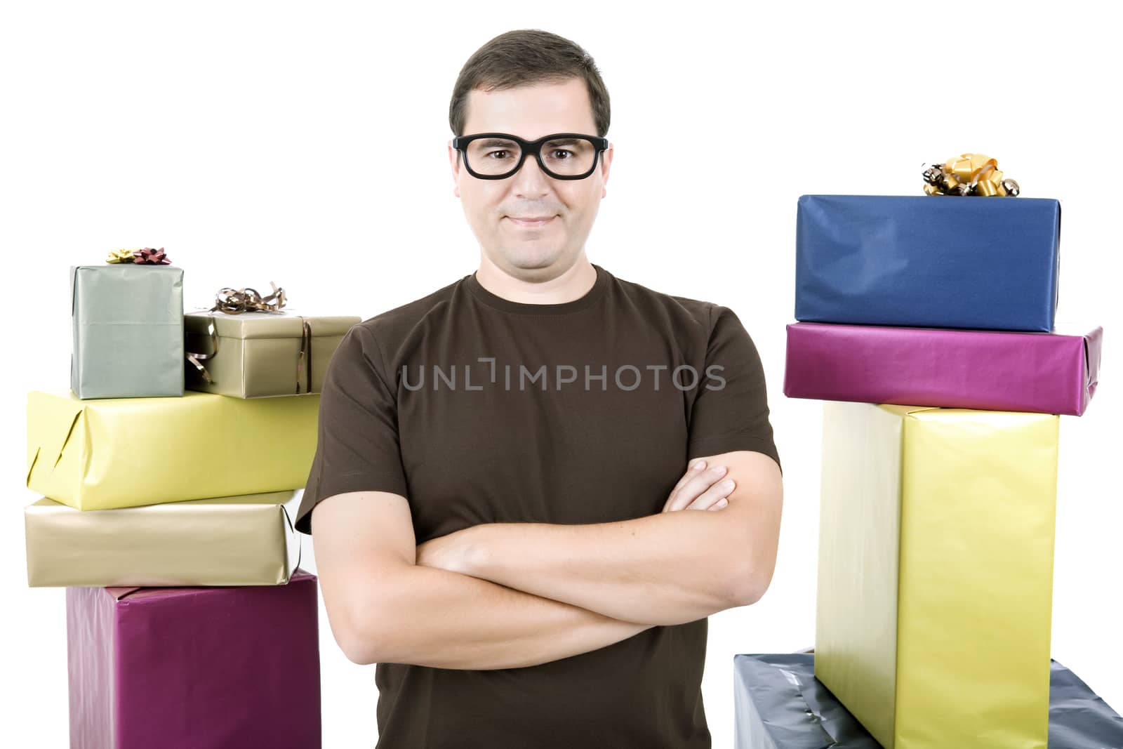 happy silly salesman with some boxes, isolated on white