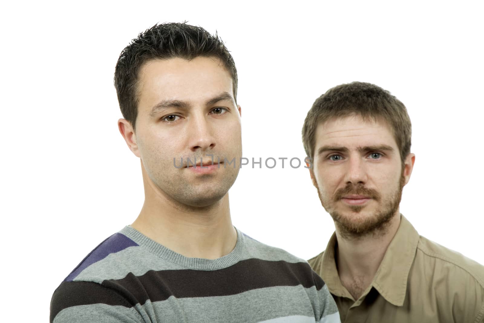 two young casual men portrait, isolated on white