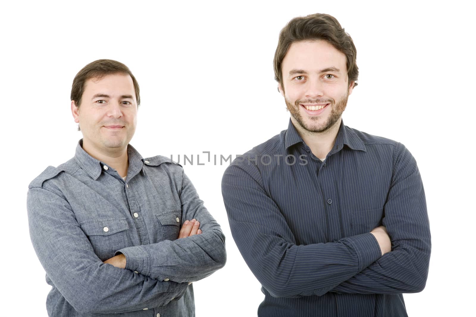 two young casual men portrait, isolated on white