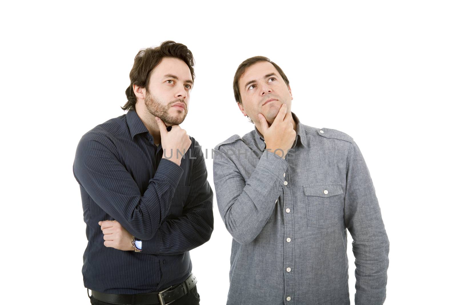 two young casual men thinking, isolated on white