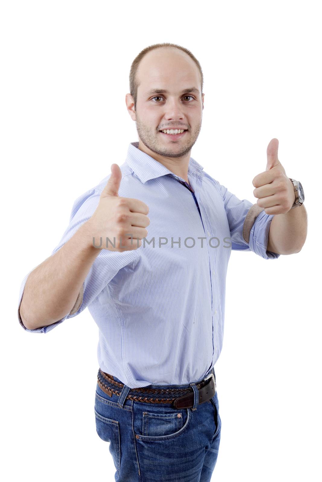 young casual man going thumb up, isolated on white