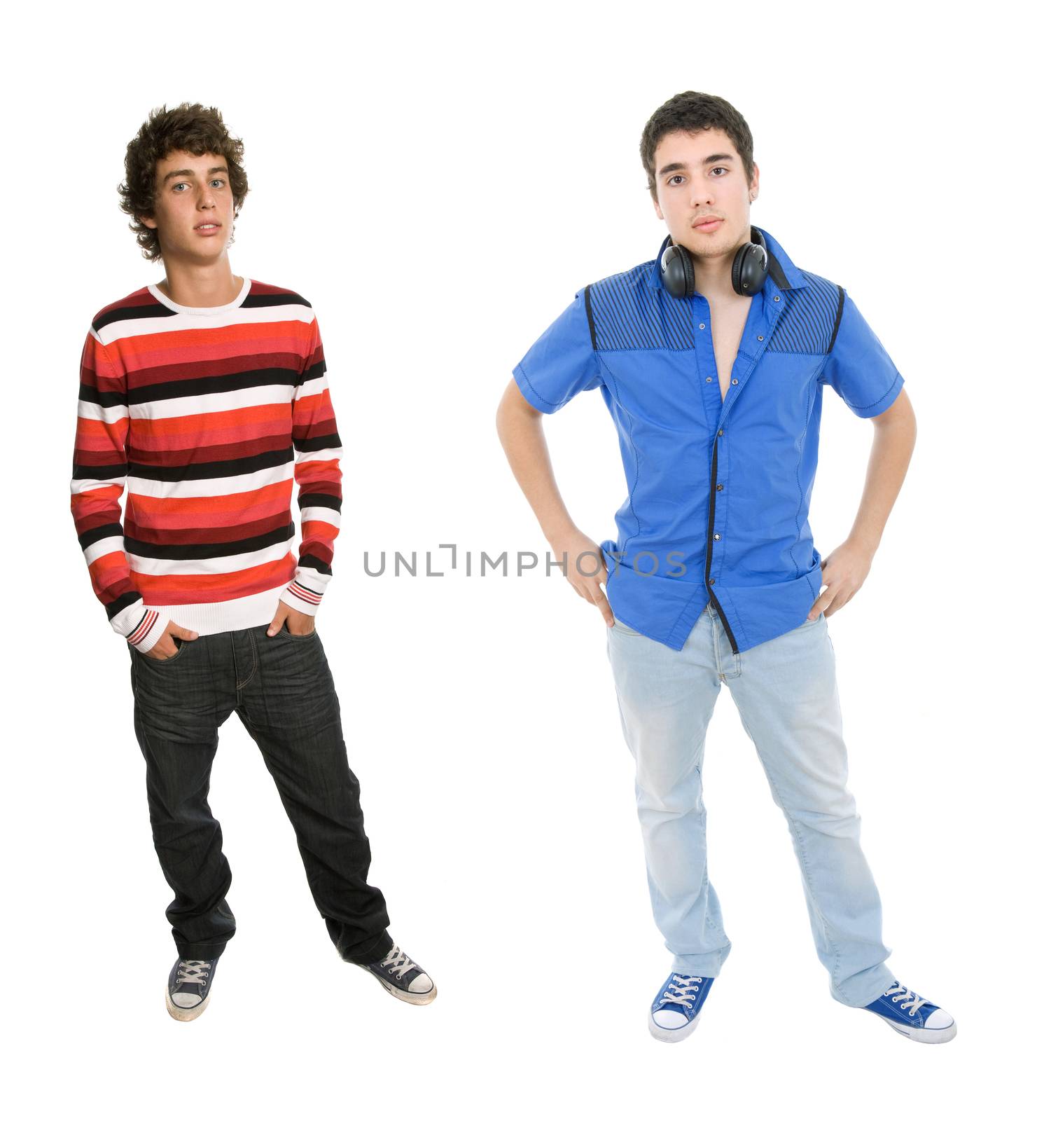 two young men standing, on a white background