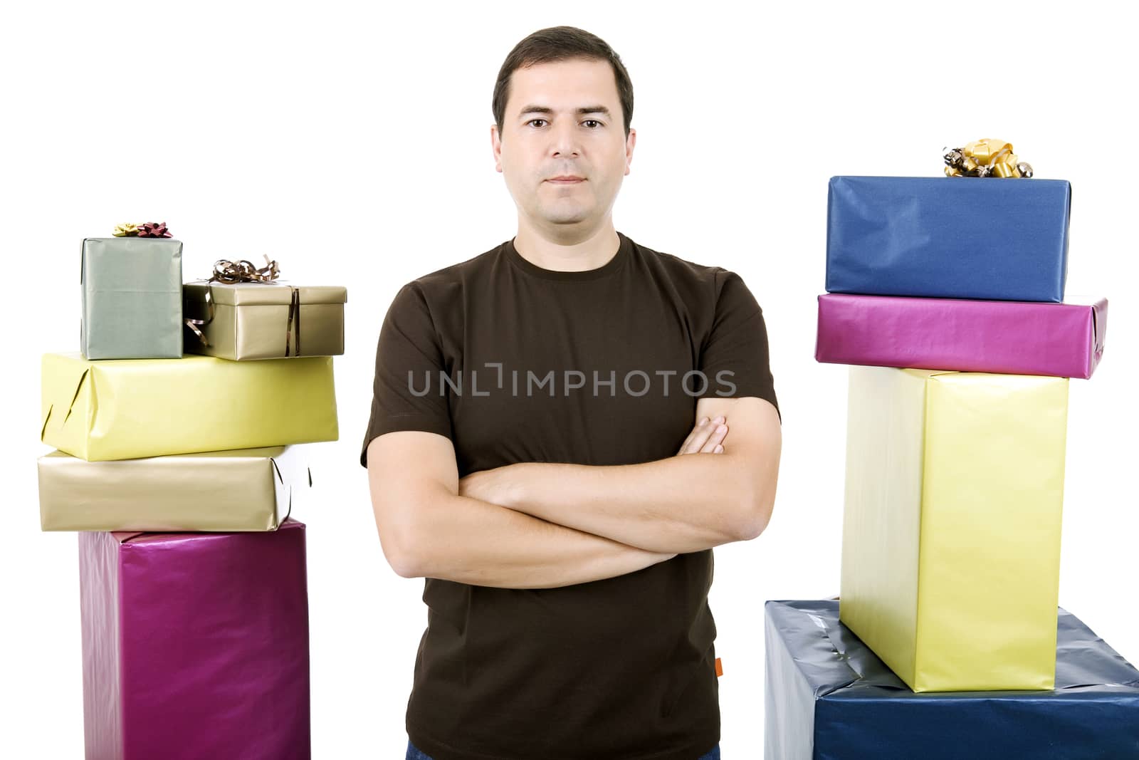 happy silly salesman with some boxes, isolated on white