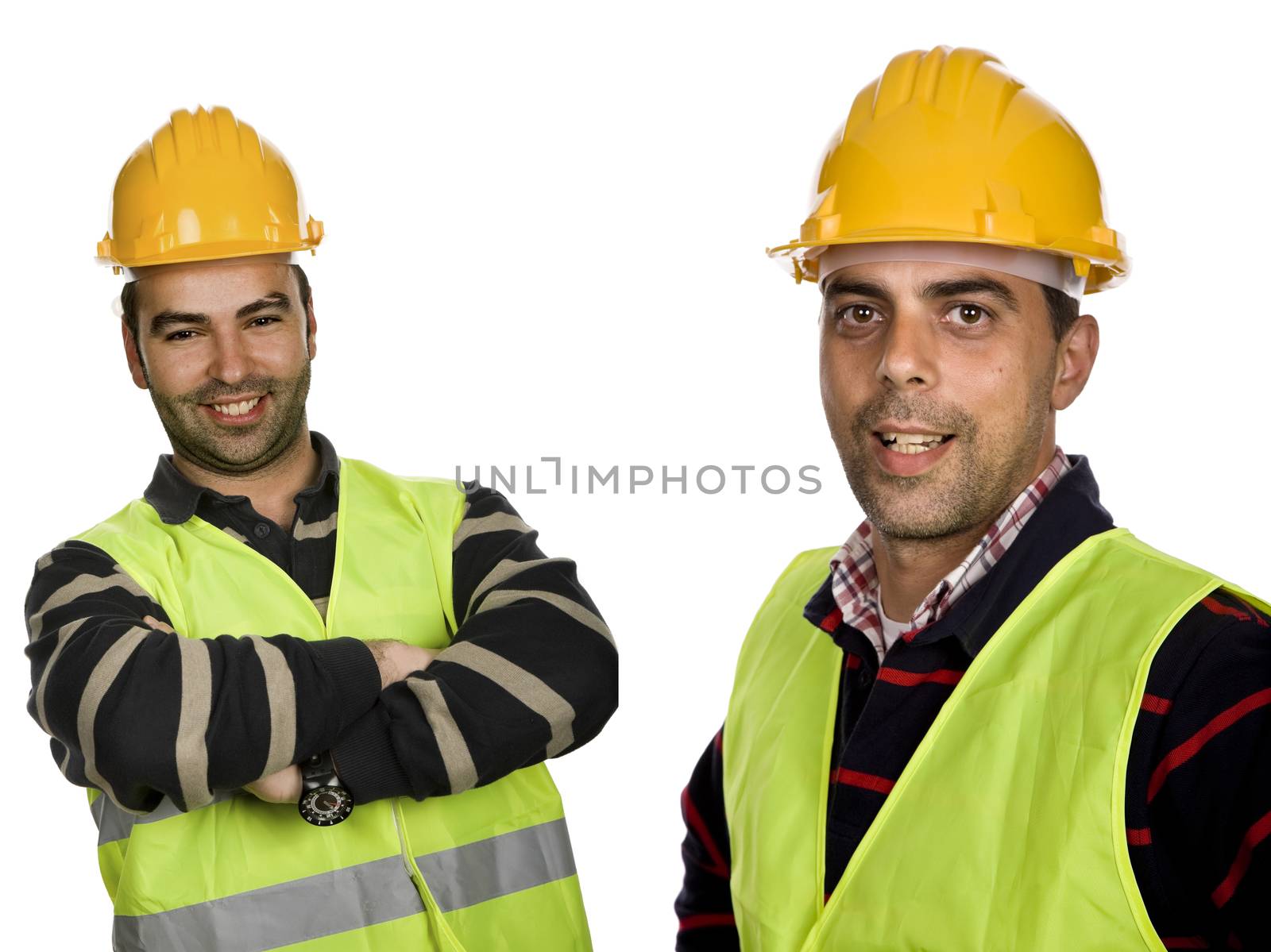 two young workers in a white background