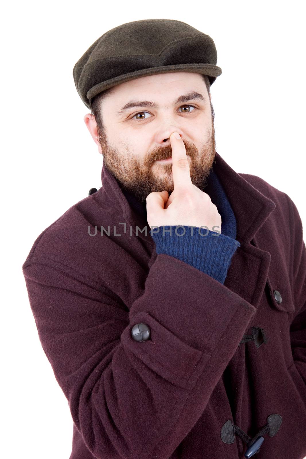 young silly man portrait, isolated on white